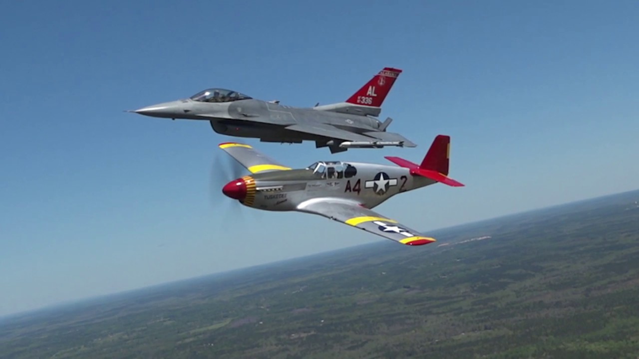 CAF Red Tail Squadron's P-51C Mustang flies in formation with F-16 in honor  of Tuskegee Airmen - YouTube