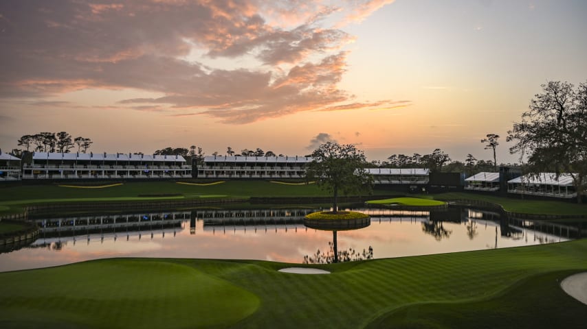 PONTE VEDRA BEACH, FLORIDA - MARCH 4:  Sunset over the 16th and 17th holes on the Stadium Course at TPC Sawgrass, home of THE PLAYERS Championship, on March 4, 2023 in Ponte Vedra Beach, Florida. (Photo by Keyur Khamar/PGA TOUR via Getty Images)